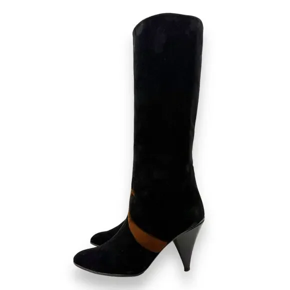 1960's Italian PANCALDI for ERIC COUTURE black and brown suede knee high boots - Picture 2 of 16